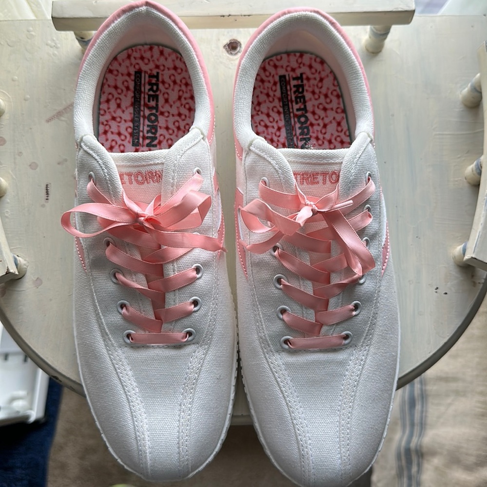 Pink and White Women’s Size 11 Tretorns.  Never worn, new condition.